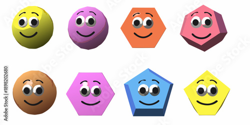 Colorful smiling polygonal faces arranged in two rows