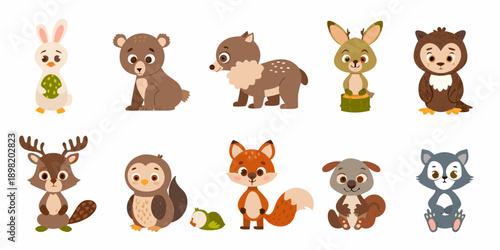 Cute cartoon forest animals including rabbits bears deer and owls