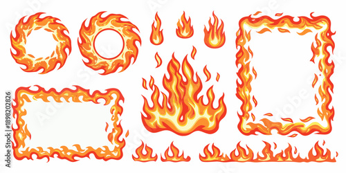 Assorted fiery frames and flames in vibrant orange and red hues