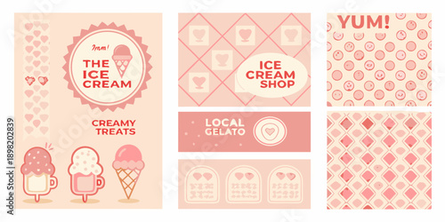 A collection of pink ice cream shop themed patterns and designs