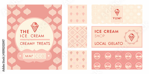 Ice cream shop branding elements with pink and cream color scheme