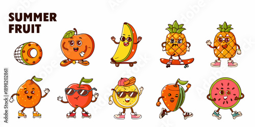Cartoon fruits with faces and accessories on skateboards and skates