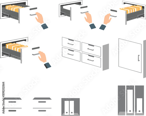 Office filing and document management icon set with drawers, folders, cabinets and hands organizing files in flat vector illustration