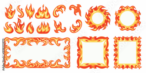 Collection of vibrant stylized fire shapes and decorative flame frames