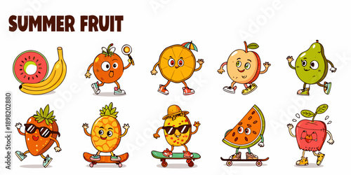 Cartoon summer fruits with faces displaying playful and energetic poses