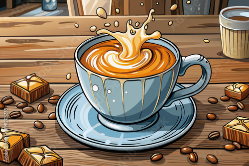 Spilled latte art with milk overflowing from grey ceramic cup onto rustic wooden table creative coffee mishap cozy cafe atmosphere artistic food photography