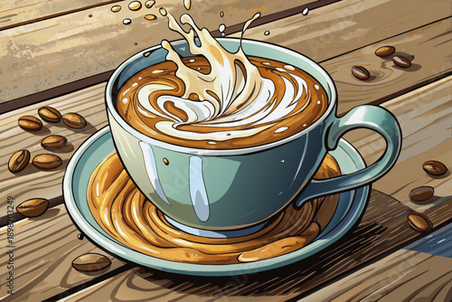 Spilled latte art with milk overflowing from grey ceramic cup onto rustic wooden table creative coffee mishap cozy cafe atmosphere artistic food photography