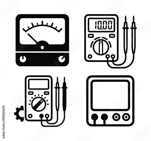 Analog and Digital Multimeters Icon Set with Gear Element, Electricity Measurement Tools Vector