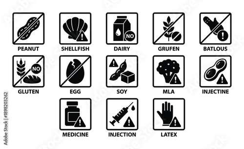 Allergen icons with prohibited symbols for common food and other sensitivities, including peanuts, shellfish, and dairy