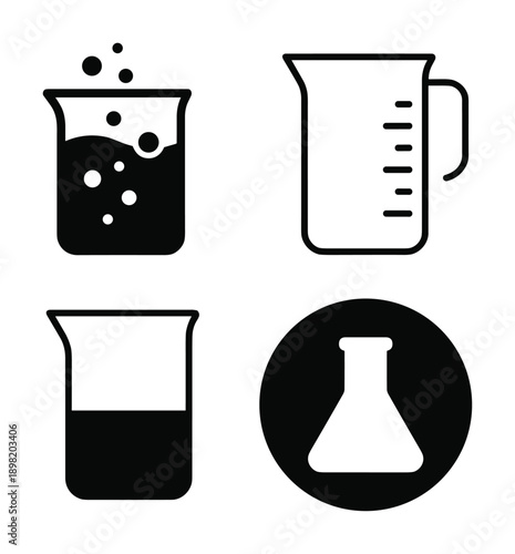 Beakers and flasks in vector format. Chemistry lab glassware icons. Science experiments and measurements.