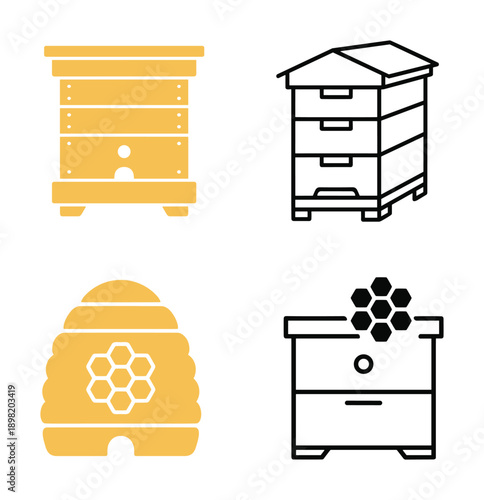Beehive illustrations, various hive styles, beekeeping equipment in golden and line art