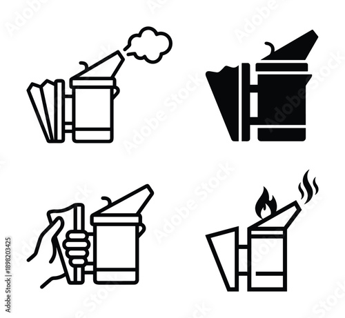 Beekeeping smoker icon set. Beekeeping tool vector illustrations, four different design and style, line and solid style.