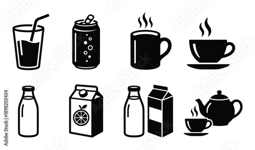 Beverage Icons Collection: Drink Glass, Soda Can, Mug, Coffee Cup, Milk Bottle and Juice Box