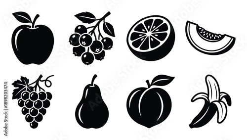 Black and white fruit icon set vector illustration, apple, berries, orange, melon, grapes, pear, peach, banana