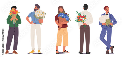 Men cartoon characters with bouquets of flowers in hands standing in different poses isolated set