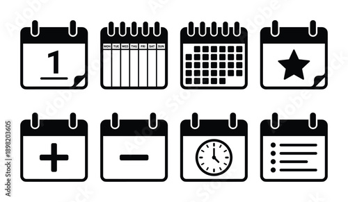 Calendar icon set vector, includes date, weekly, monthly, add, subtract, schedule, and checklist calendars.