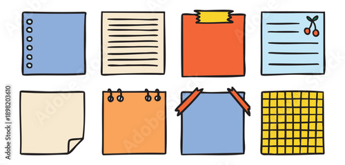 Sticky note paper squares for school planner, colorful doodle set, playful stationery, hand drawn