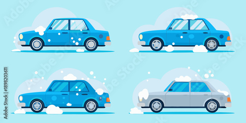 Blue and silver cars undergoing a wash in a cartoon style