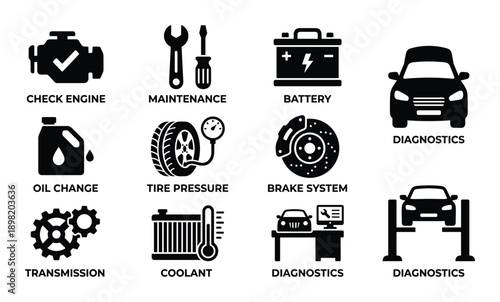 Car service and auto repair icons set. Check engine, maintenance, battery, oil change, diagnostics, brake system