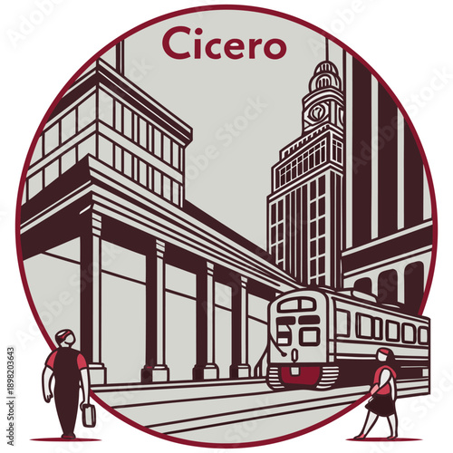 Cicero Railway Station Illustration with Commuters and Train