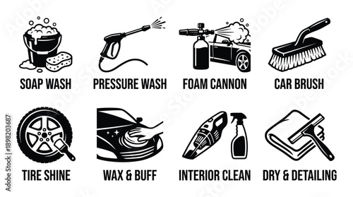 Car wash services icons set. Soap wash, pressure wash, foam cannon, car brush, tire shine, wax and buff