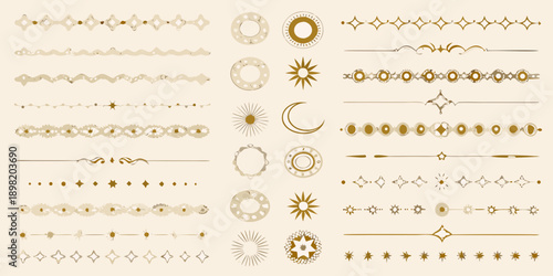 Collection of golden celestial and decorative line art elements