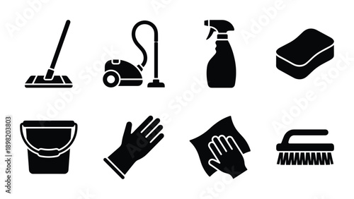 Cleaning Supplies Icons Set: Mop, Vacuum, Spray Bottle, Sponge, Bucket, Gloves, Cloth, and Brush