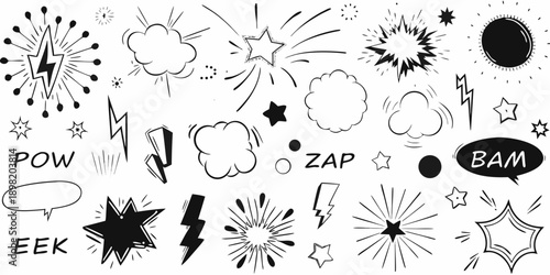 Collection of hand drawn comic book explosion and speech bubble graphics