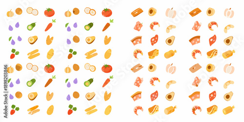 Assorted food items including fruits vegetables pasta and seafood