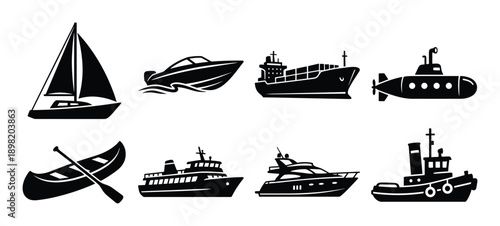 Collection of boat vector icons sailboat, speedboat, cargo ship, submarine, canoe, ferry, yacht, tugboat design