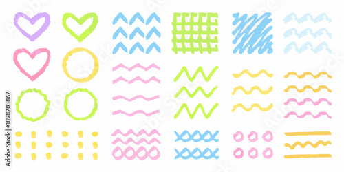 Colorful crayon scribbles and shapes arranged in neat rows and columns