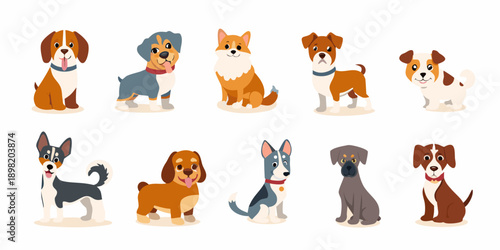 Collection of cartoon dogs in various breeds and colors digitally illustrated
