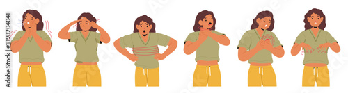 Woman experiencing most common symptoms of panic attack isolated set of character on white