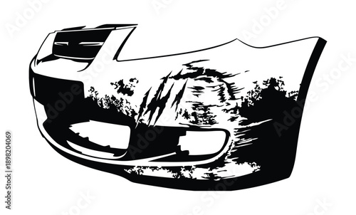 Damaged car bumper illustration with scratches and wear, black and white vector graphic for repair services