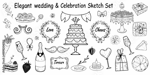 Hand drawn wedding and celebration elements sketch collection for design projects