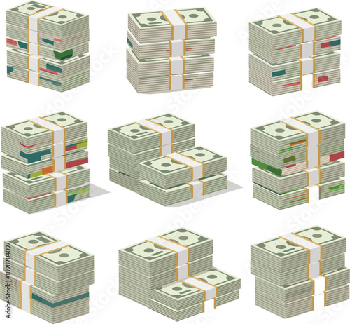 Stacks of cash money bundles in different arrangements representing finance, wealth, savings and business success isolated on white background vector