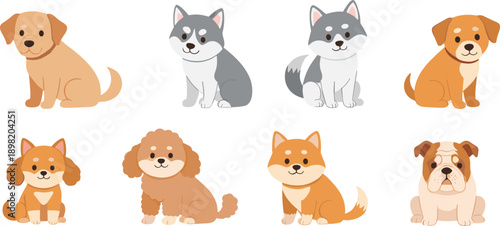 Cute Dog Breed Cartoon Characters Vector Set with Sitting Puppy Poses and Friendly Expressions