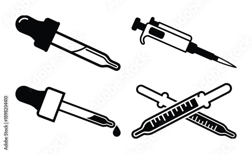 Droppers and Pipettes Black and White Vector Icons, Laboratory Science Equipment Clip Art Illustration Set
