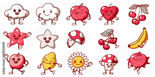 Cute cartoon fruits vegetables and objects with smiling faces