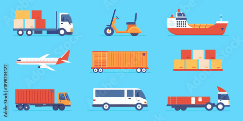 Various modes of transportation including trucks ships planes and scooters