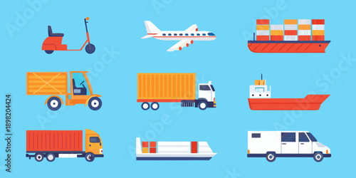 Various modes of transport depicted in a colorful flat illustration