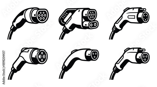 Electric vehicle charger connectors vector illustration, EV plug types and standards, Level 1 2 and DC fast charging ports