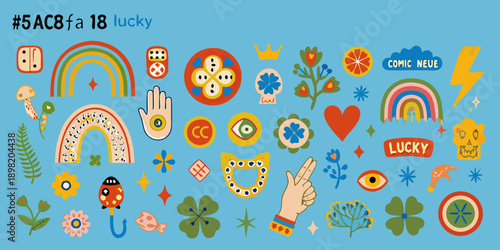 Colorful collection of illustrated lucky charms and whimsical design elements