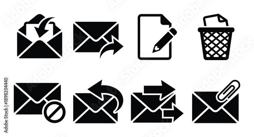 Email Message Icons Set: Mail, Reply, Edit, Delete, Block, Forward, Attachment, inbox, send, draft, and spam