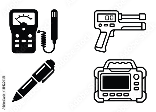 Electronic measurement instruments collection featuring multimeter, pyrometer, pen, and a rugged electronic device