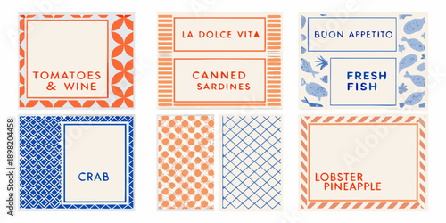 Six vintage style food labels with Italian phrases and illustrations