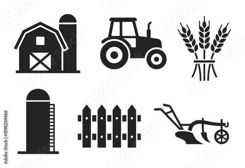 Farm icons set, barn, tractor, wheat, silo, fence, and plow, agriculture, and farming related symbols, flat vector illustrations