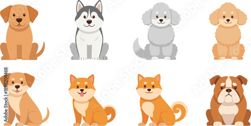 Cute Dog Breed Cartoon Characters Vector Set with Sitting Puppy Illustrations in Front View