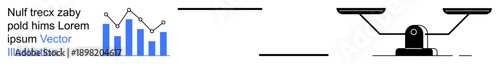 Data analysis, decision-making, statistics, business concepts, comparison, balance. Bar chart with a line graph, and a balance scale comparison and evaluation. Data analysis and decision-making