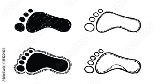 Footprint sketches illustration, foot prints in black and outline styles. foot prints set with hand drawn effect.